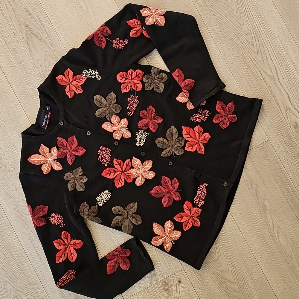 Vintage Fall‎ Autumn Leaf Embroidered Applique Art To Wear Cardigan Sweater, Sm